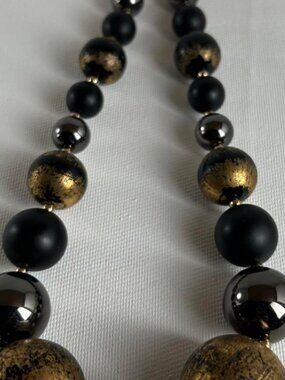 Vintage Chunky Distressed Gold Foil & Matte Black beaded Statement Necklace